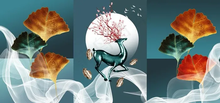 麋鹿三联画图片(7087X3543(DPI:150))psd模版下载
