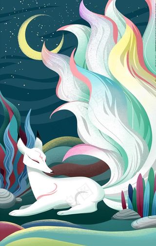 九尾狐古典童话故事插画图片