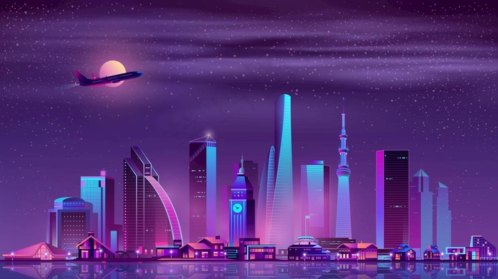 夜晚摩登沿海都市矢量插画素材图片eps,ai矢量模版下载