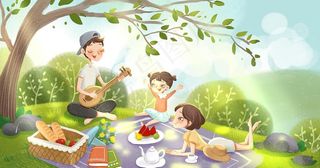 旅游聚餐草坪插画卡通背景素材图片