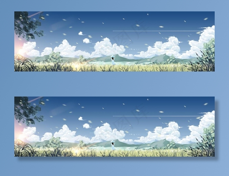 夏季天空清新插画卡通素材图片(6000X2000(DPI:300))psd模版下载