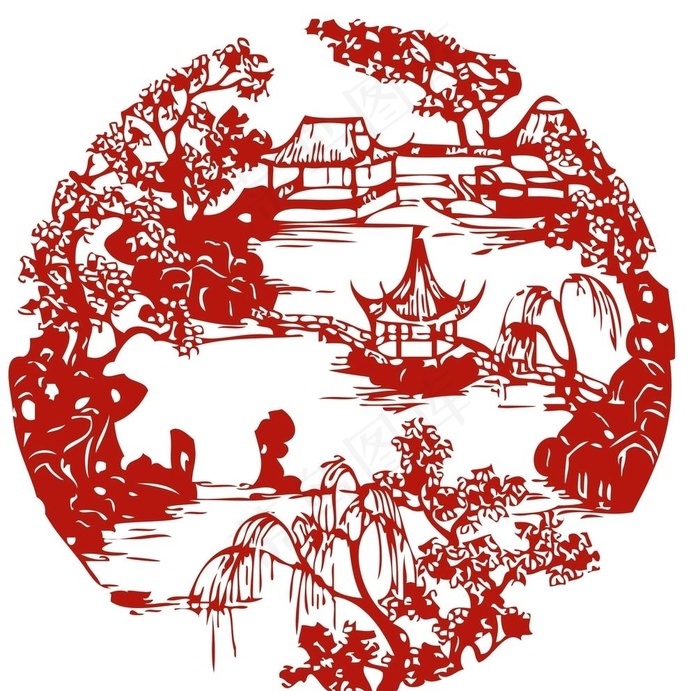 古代中式庭院窗花剪影图片ai矢量模版下载