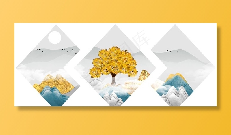 新中式意境水墨金色山水装饰画图片(10630X4724(DPI:150))psd模版下载
