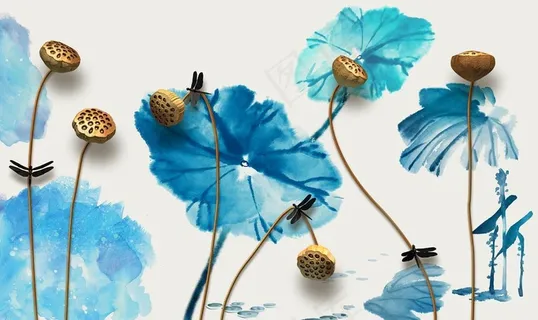 中式水墨立体荷花壁画背景墙图片