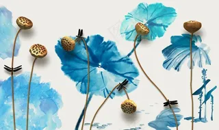 中式水墨立体荷花壁画背景墙图片