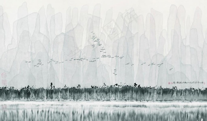 新中式水墨山峦鸟群风景国画电视图片