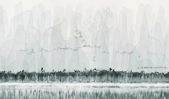 新中式水墨山峦鸟群风景国画电视图片