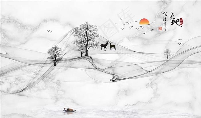 水墨山水背景墙图片