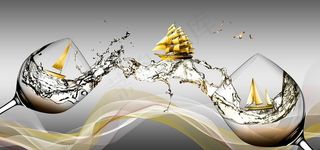 新中式酒杯帆船线条装饰画图片