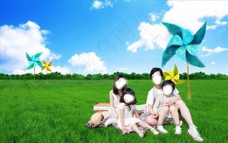 一家人 蓝天 草地 风车 计生图片