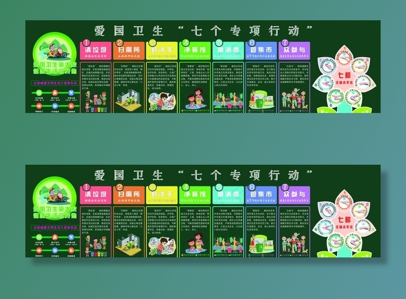 爱国卫生“七个专项行动”黑板报图片(15591X4567(DPI:100))psd模版下载