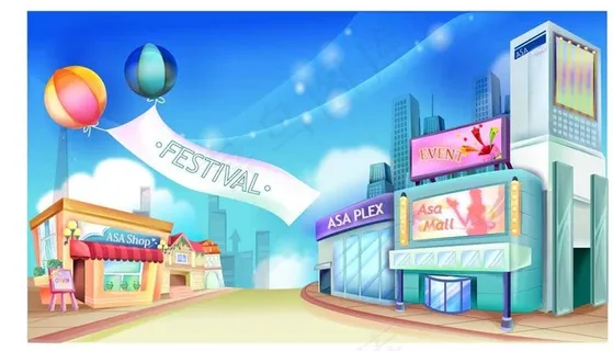 手绘卡通动漫街道场景图片