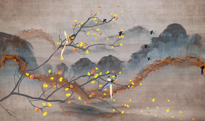 新现代花鸟山水抽象背景墙图片(9071X5669(DPI:72))psd模版下载