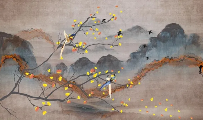 新现代花鸟山水抽象背景墙图片(9071X5669(DPI:72))psd模版下载