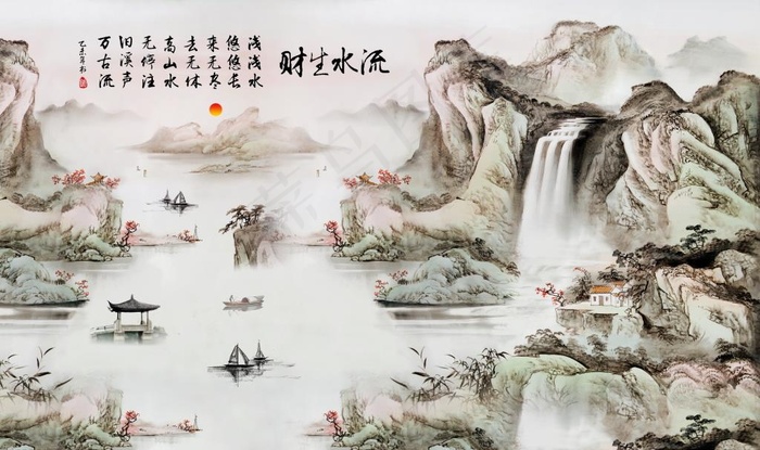 流水生财国画山水背景图片(9071X5669(DPI:72))psd模版下载