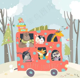 北欧森系动物公交车插画图片