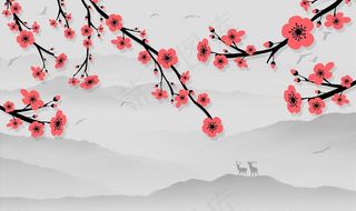 水墨山水 梅花 鹿 背景墙图片