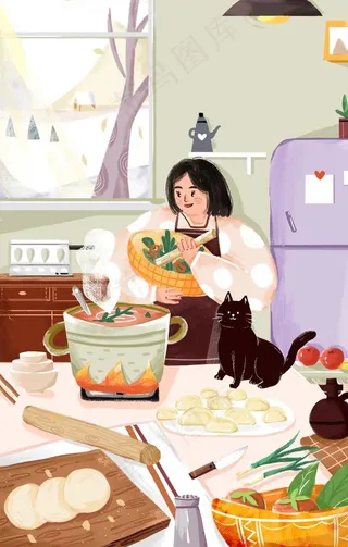 人物少女厨房插画卡通背景素材图片