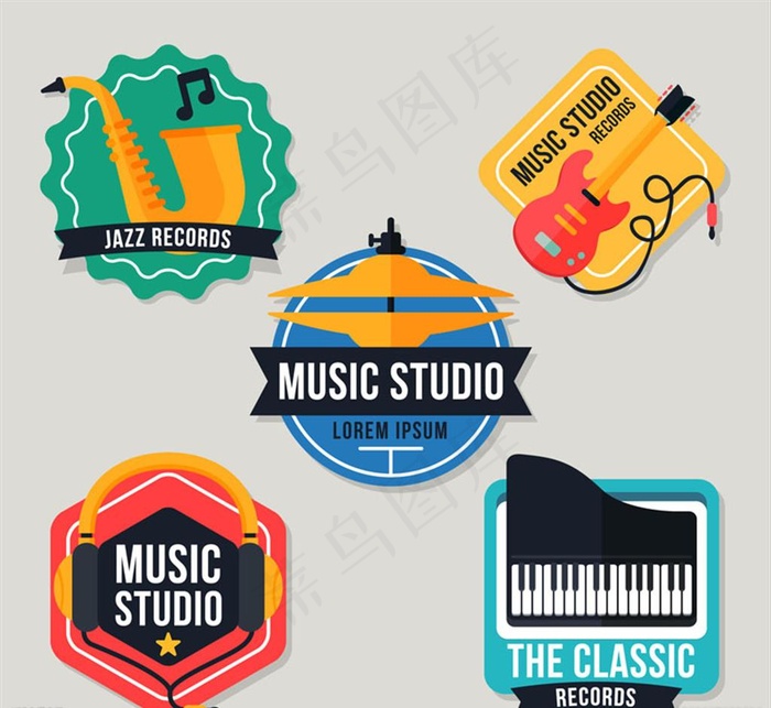 5款创意音乐工作室标签矢量素材图片
