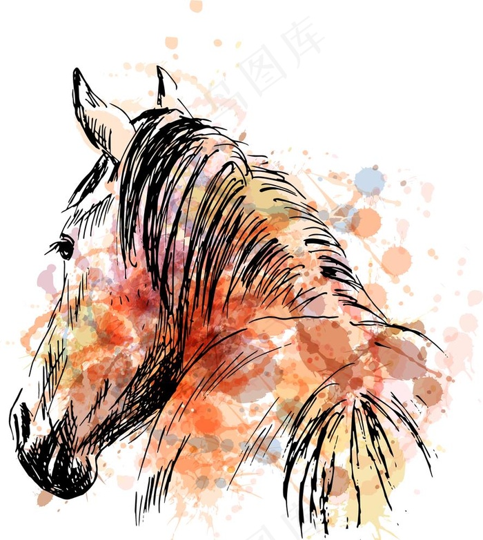 彩色喷绘线描马装饰图图片