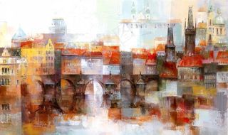 手绘高清抽象城市油画壁画壁纸图片