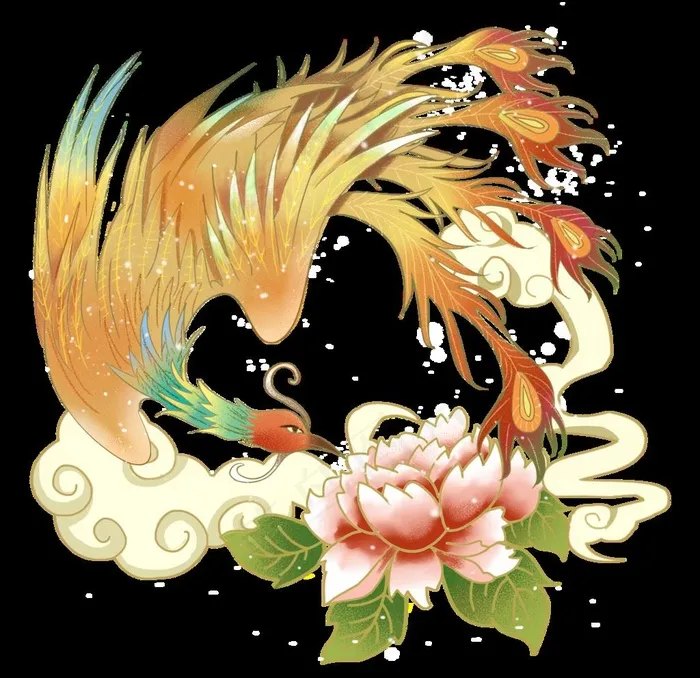 国潮风金色凤凰牡丹图片