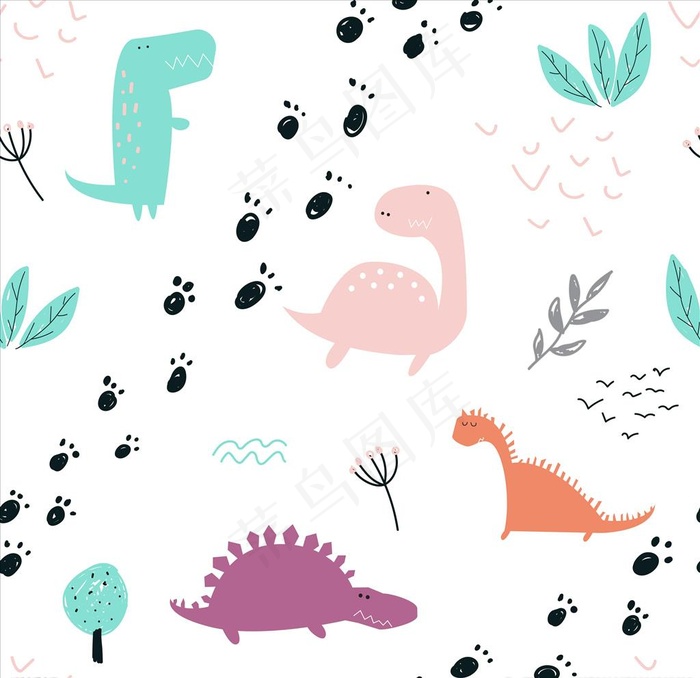 卡通恐龙树叶脚印图片