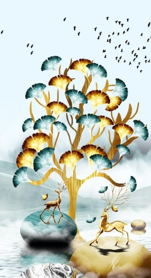 银杏叶抽象麋鹿风景装饰画图片