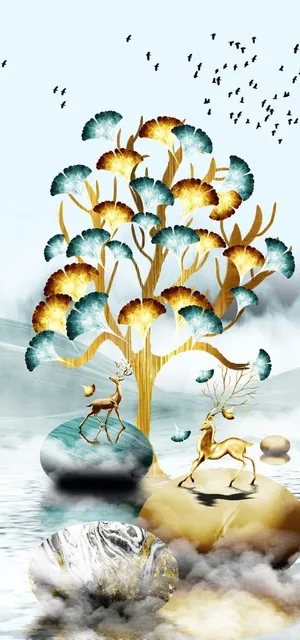 银杏叶抽象麋鹿风景装饰画图片