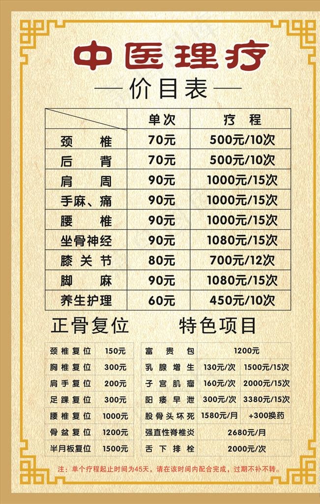 中医理疗价目表图片cdr矢量模版下载