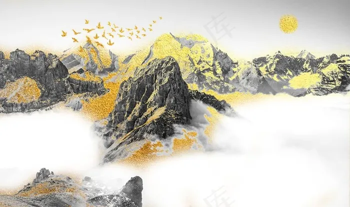 新中式抽象意境飞鸟背景墙装饰画图片