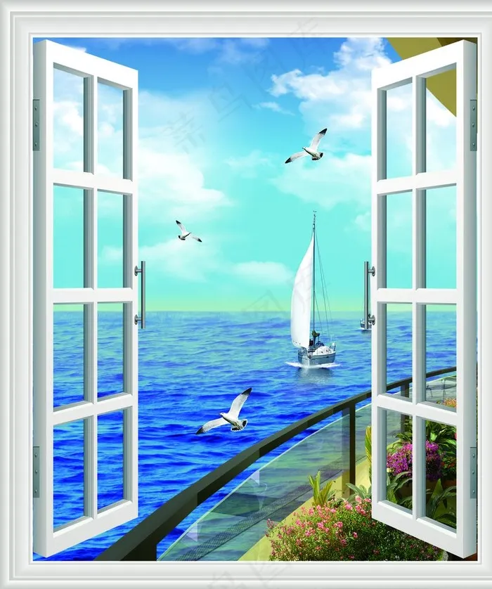 窗外风景图片psd模版下载