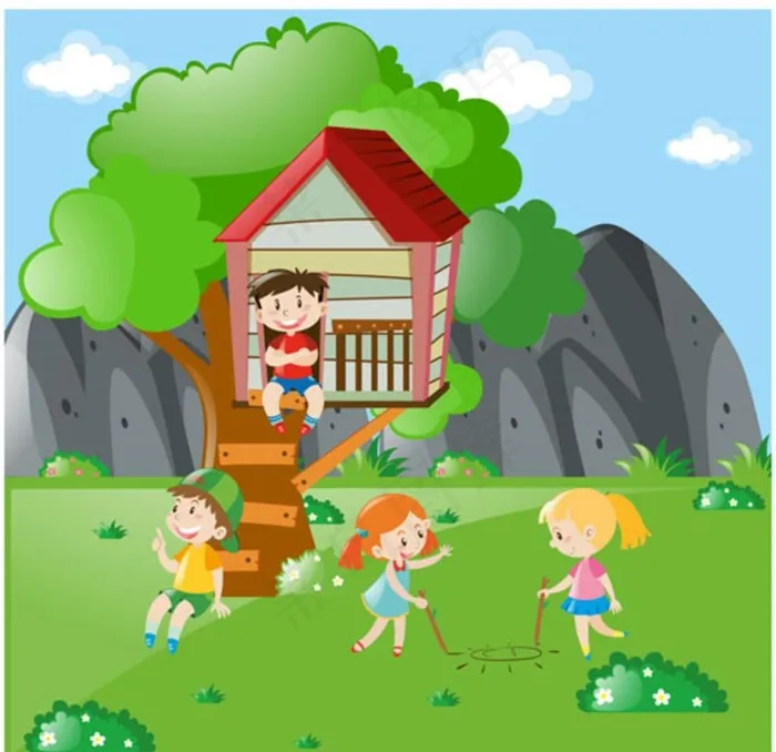 卡通儿童节树屋下玩耍的孩子图片ai矢量模版下载