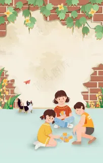 夏日儿童打纸牌插画图片