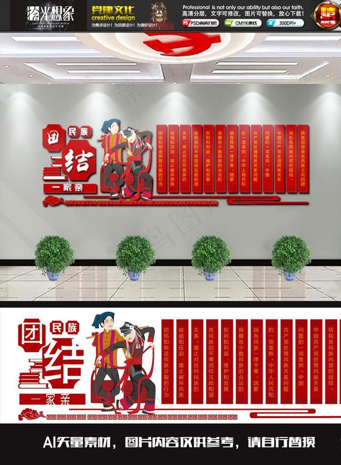 红色民族团结一家亲文化墙图片ai矢量模版下载