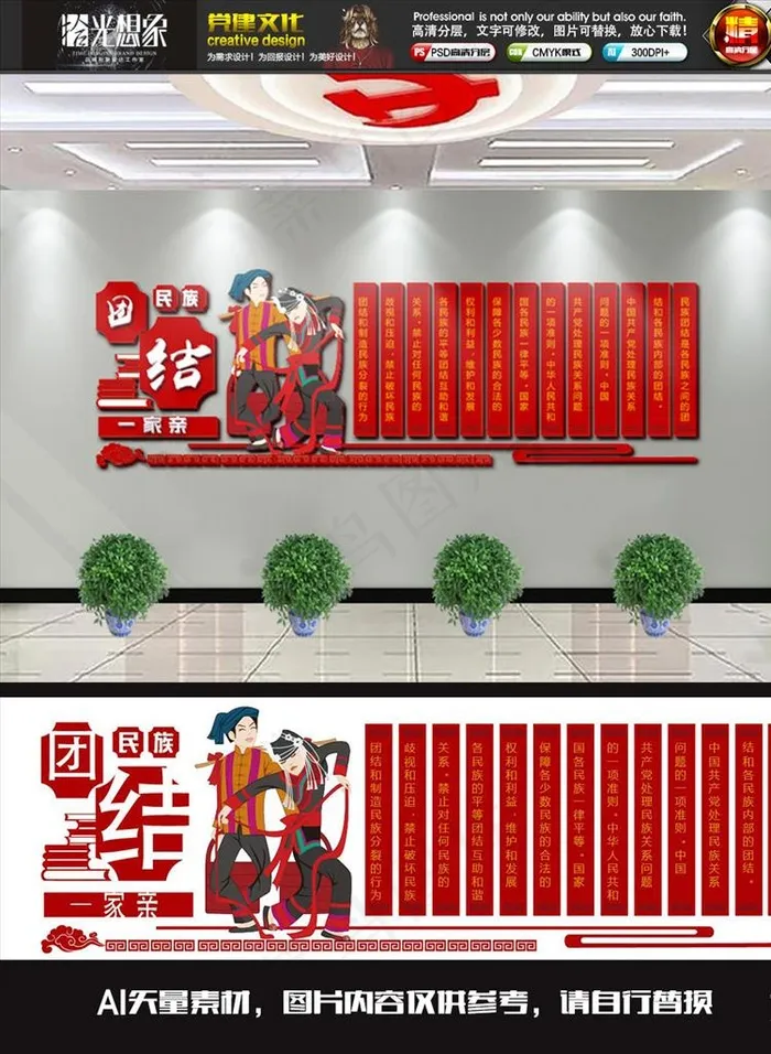 红色民族团结一家亲文化墙图片ai矢量模版下载