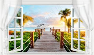 窗外美丽旅游风景壁画背景墙图片