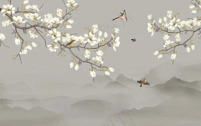 绘鸟花装饰画图片(10772X7087(DPI:72))psd模版下载