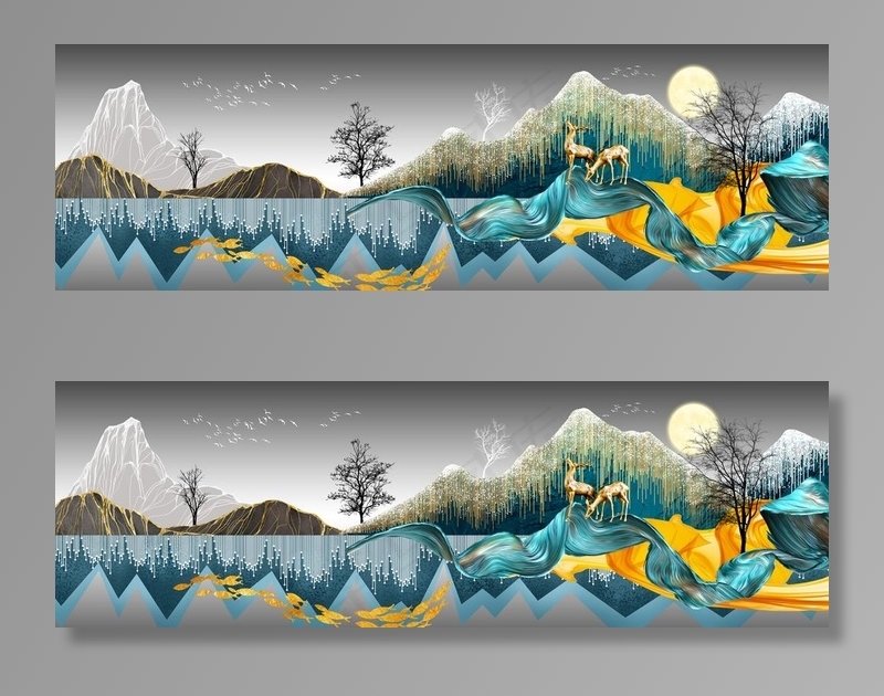 新中式山水飘带丝绸麋鹿装饰画图片