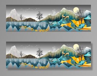 新中式山水飘带丝绸麋鹿装饰画图片