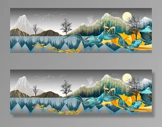 新中式山水飘带丝绸麋鹿装饰画图片