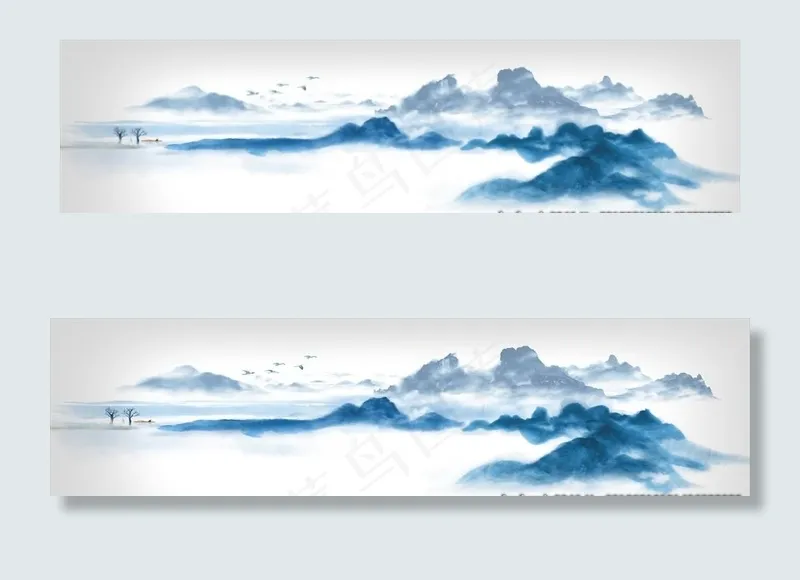 蓝色禅意中国风水墨山水画图片