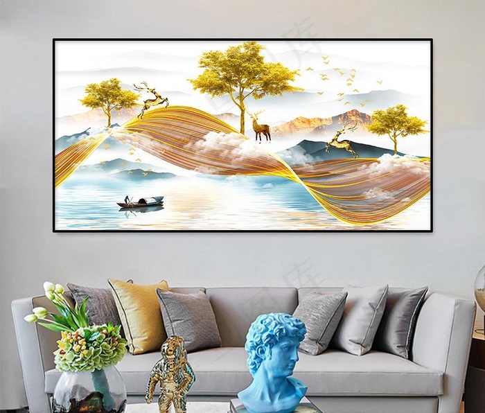 新中式线条麋鹿装饰画图片(10630X5314(DPI:150))psd模版下载
