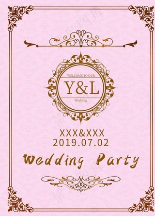 欧式粉金花纹金色边框婚礼水牌图片