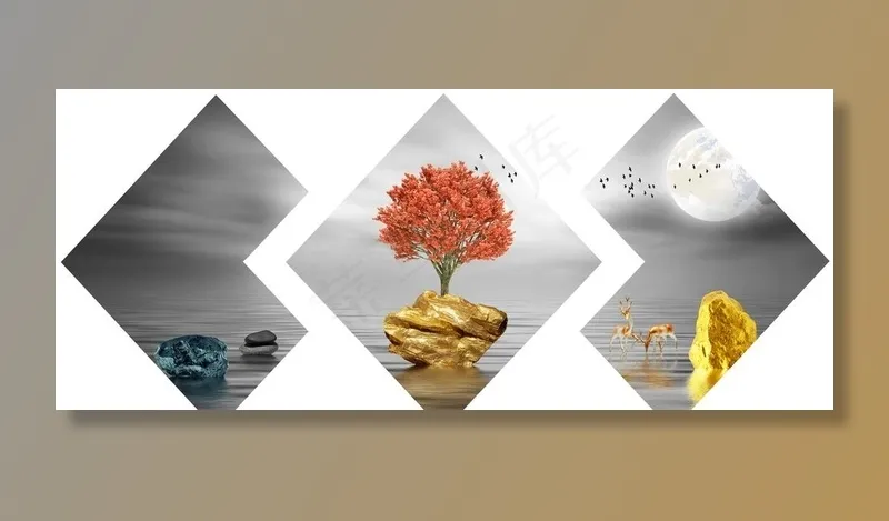 新中式金色石头灰度大海水装饰画图片(10630X4724(DPI:150))psd模版下载