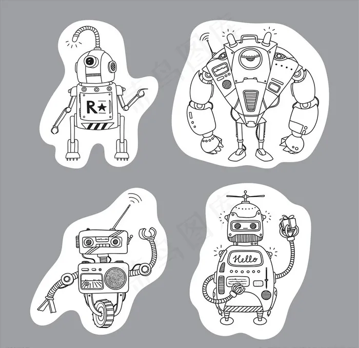 手绘线描机器人矢量图下载图片eps,ai矢量模版下载