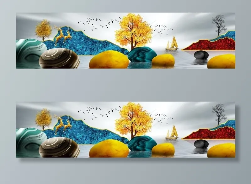 新中式鎏金岩石纹山水大海装饰画图片(8268X2362(DPI:150))psd模版下载