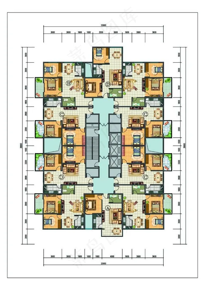 一梯八户标准层户型平面图图片psd模版下载