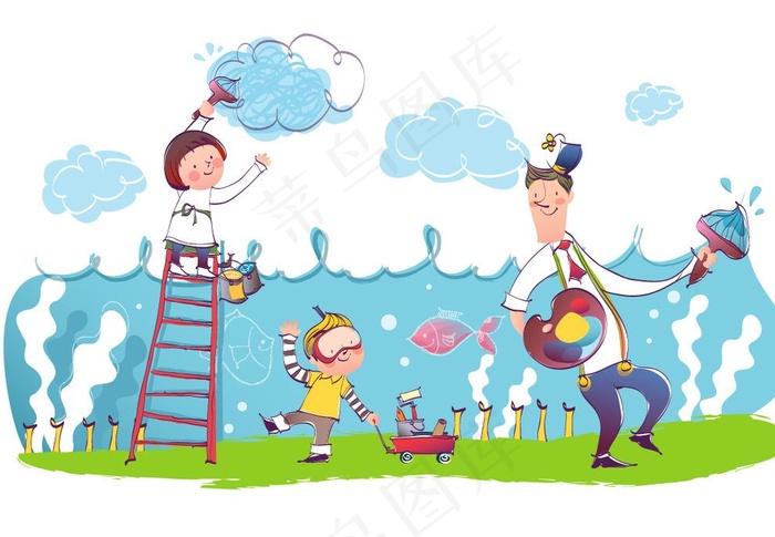 父亲和孩子们一起画画图片ai矢量模版下载