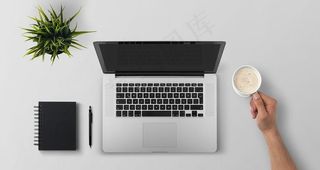 笔记本电脑 咖啡杯俯视图图片